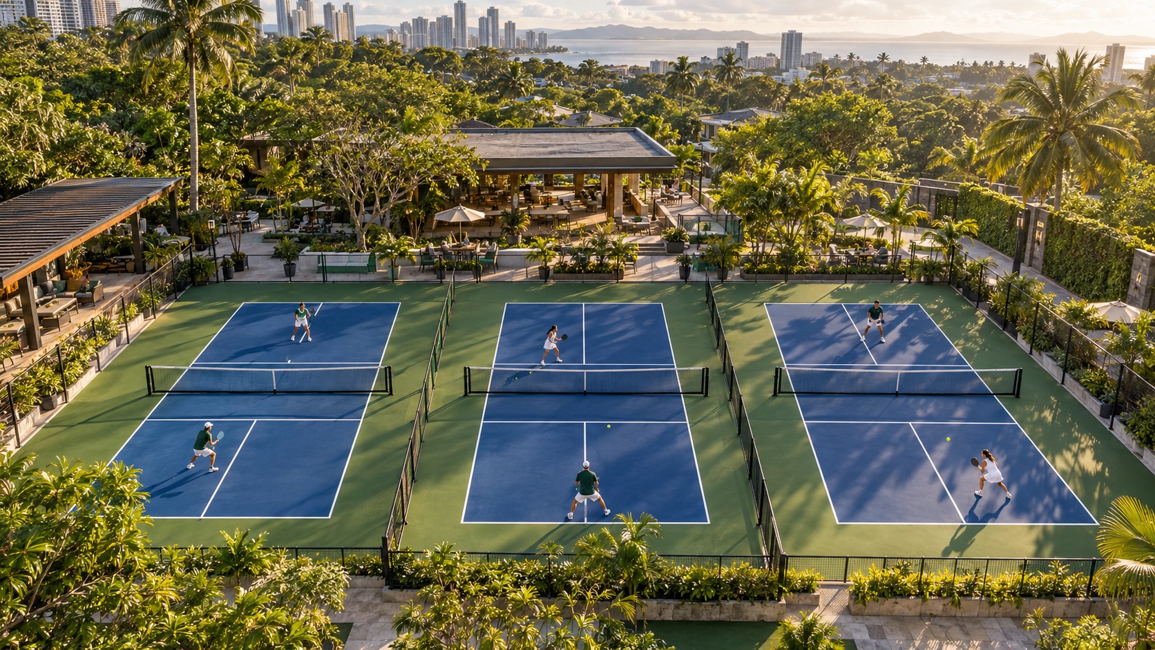Aerial view of green pickleball courts surrounded by tropical trees
